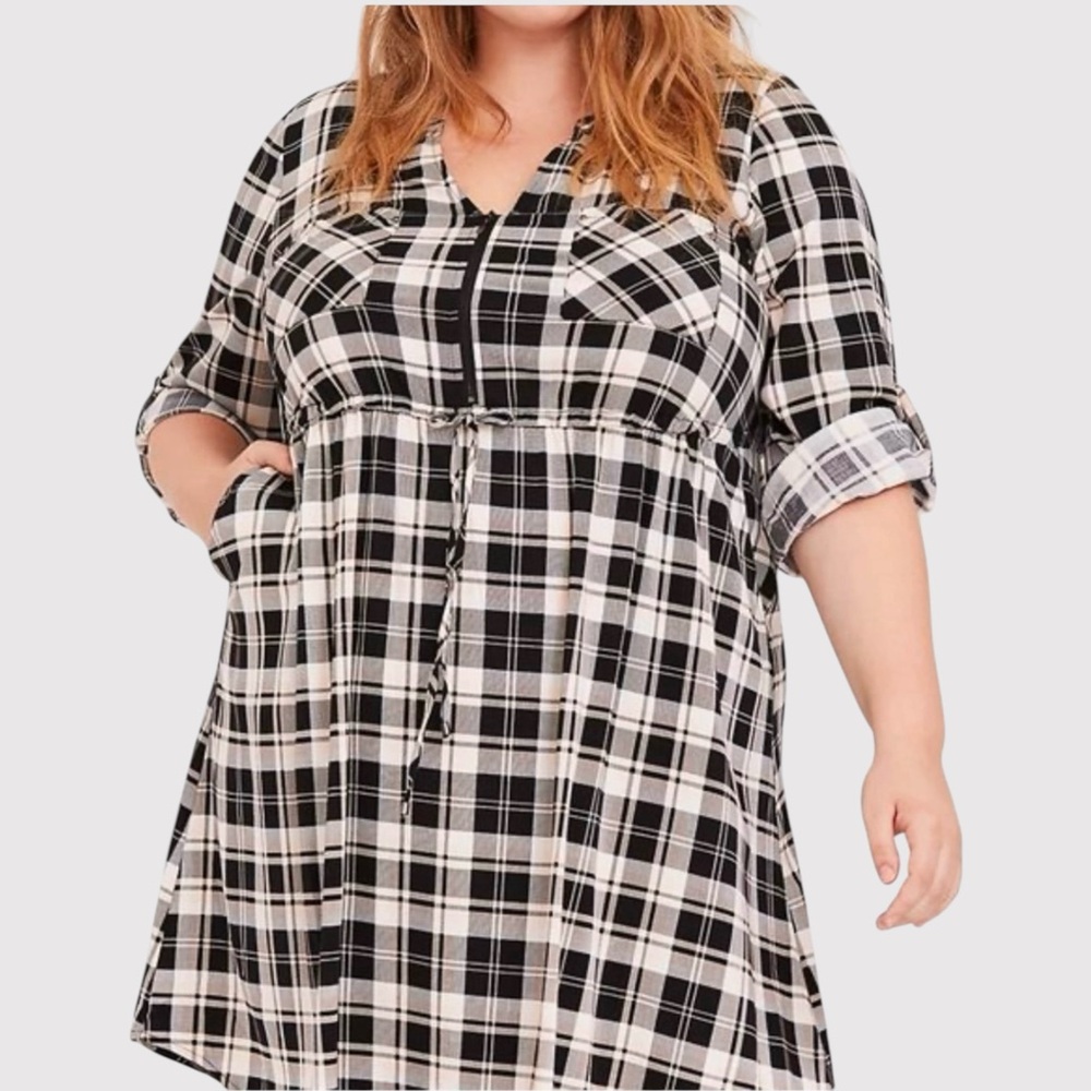 Torrid Black Plaid Long Sleeve Zip Front Shirtdress 2X checked buffalo plaid NWT